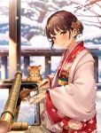  1girl bangs blunt_bangs braid brown_eyes brown_hair cat commentary_request eyebrows_visible_through_hair fingernails hair_ornament hair_up highres hisao_0111 japanese_clothes kimono looking_at_viewer orange_cat original smile snow tagme water winter wooden_railing 