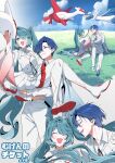  1boy 1girl aqua_eyes aqua_hair blue_eyes blue_hair blue_sky carrying cloud dress flower flower_wreath full_body gradient_clothes grey_background hair_flower hair_ornament hair_over_one_eye happy hatsune_miku highres kaito_(vocaloid) latias latios long_hair looking_at_viewer on_grass open_mouth pokemon pokemon_(creature) princess_carry sentea short_hair sitting sky smile standing swept_bangs thighhighs translation_request twintails very_long_hair vocaloid wavy_ends white_dress white_flower white_thighhighs wide_sleeves 