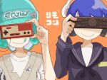  1boy 1girl :q aqua_hair aqua_headwear beanie closed_mouth commentary_request controller covered_eyes famicom_gamepad hat headphones highres holding holding_controller holding_remote_control inkling inkling_boy inkling_girl inkling_player_character orange_background print_headwear remote_control sailor_collar sailor_shirt shirt short_hair simple_background smile splatoon_(series) splatoon_3 tentacle_hair tonbofree tongue tongue_out white_shirt 