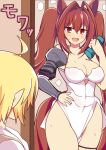  1girl 1other animal_ears blonde_hair breasts cleavage commentary_request daiwa_scarlet_(umamusume) doorway highres horse_ears horse_girl horse_tail large_breasts leotard long_hair red_eyes red_hair solo tail twintails umamusume very_long_hair wahiko_(black_bastard) 