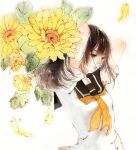  1girl absurdres arms_behind_head arms_up black_eyes black_hair flower highres long_hair original painting_(medium) petals rei_(456789io) school_uniform serafuku solo sunflower traditional_media upper_body watercolor_(medium) 