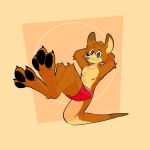 anthro black_pawpads blep briefs brown_body brown_fur clothing feet_up fur kangaroo macropod male mammal marsupial multicolored_body multicolored_fur pawpads paws simple_background smile solo standing_on_tail tan_body tan_fur tongue tongue_out two_tone_body two_tone_fur underwear wide_eyed xing1 yellow_background