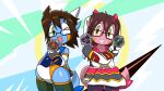 16:9 absurd_res anthro armwear beyblade biped blue_body bottomwear brown_hair clothing crossed_arms cute_fangs dragon duo engaryu facial_markings fanged_dragon flare-fanged_dragon garyu_(species) gloves green_eyes gunma747j gunma_(gunma747j) gunma_with_wavy_heart(gunma747j) hail-fanged_dragon hair handwear head_horn head_markings hi_res holding_object horn hyogaryu kemono legwear looking_at_viewer male markings multicolored_clothing mythological_creature mythological_scalie mythology one-piece_swimsuit one_eye_closed open_mouth open_smile pink_body scalie skirt smile swimwear tail thick_thighs widescreen wink winking_at_viewer yellow_eyes