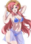  1girl bikini blue_bikini blue_eyes breasts gundam gundam_seed gundam_seed_destiny gundam_seed_freedom hair_ornament hat highres lacus_clyne long_hair looking_at_viewer open_mouth pink_hair safety_kaijo smile solo swimsuit very_long_hair 