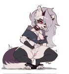 annoyed anthro blush bodily_fluids breasts canid canine canis female flat_colors genital_fluids genitals helluva_boss hi_res kekodra looking_at_viewer loona_(helluva_boss) mammal pussy simple_background small_breasts solo vaginal_fluids white_background wolf