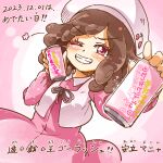  1girl atachi_manya blush brown_hair can commentary_request curly_hair dated dress drink_can grin hat holding holding_can medium_hair pink_background pink_dress pink_eyes smile soda_can solo suteki2success translation_request upper_body yu-gi-oh! yu-gi-oh!_go_rush!! 