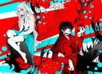  1boy 1girl aged_down barefoot blue_skirt box coat commentary_request glasses gloves halftone halftone_background hellsing highres holding holding_box integra_hellsing invisible_chair limited_palette long_hair medium_skirt rachel_alucard red_coat sitting skirt smile toshimichi_yukari very_long_hair wavy_hair white_gloves 