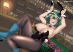  1girl animal_ears aqua_hair armpits bar_(place) blue_eyes blue_footwear blush boots breasts cleavage commentary_request fake_animal_ears feet_out_of_frame flat_cap hair_bobbles hair_ornament hat high_heel_boots high_heels highres indoors kagiyama_shachou kawashiro_nitori large_breasts leotard looking_at_viewer medium_hair monochrome one_eye_closed open_mouth pantyhose playboy_bunny poker_chip rabbit_pose roulette_table sidelocks smile solo strapless strapless_leotard table touhou two_side_up 