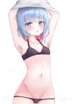  1girl andason_sanda armpits arms_up black_bra black_panties blue_eyes blue_hair blush bra colored_inner_hair commentary fang flat_chest highres indie_virtual_youtuber kanzarin_(vtuber) looking_at_viewer medium_hair multicolored_hair navel panties panty_pull pink_hair short_hair simple_background skin_fang solo standing two-tone_hair uncensored underwear undressing virtual_youtuber white_background 