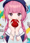 1girl absurdres apple beret blue_eyes blue_headwear blue_shirt braid commentary_request covered_mouth food french_braid fruit hat highres holding holding_food holding_fruit kaf_(kamitsubaki_studio) kamitsubaki_studio light_blush looking_at_viewer memori_(egachachachan) multicolored_eyes paint_tube red_apple red_eyes shirt solo straight-on twin_braids upper_body virtual_youtuber yellow_pupils 