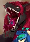 absurd_res ambiguous_gender anthro black_sclera blue_body blue_eyes blue_fur bodily_fluids drooling duo female fur grey_body grey_fur hair hi_res imperatorcaesar mouth_shot multicolored_eyes narrowed_eyes on_tongue open_mouth red_hair red_inner_ear red_tongue saliva saliva_on_tongue saliva_string teal_eyes teal_tongue tongue two_tone_eyes wings yellow_eyes
