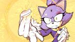  1girl animal_ears blaze_the_cat cat_ears energy forehead_jewel furry furry_female gloves jacket looking_at_viewer purple_fur purple_jacket solo sonic_(series) topspin_the_fuzzy upper_body white_gloves yellow_background yellow_eyes 