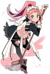  1girl :&lt; apron black_dress black_footwear black_thighhighs blue_eyes blunt_bangs blush broom commentary_request dress feather_trim felicia_(fire_emblem) fire_emblem fire_emblem_fates floating_hair full_body high_heels highres holding holding_broom juliet_sleeves kurimori long_hair long_sleeves looking_at_viewer maid maid_headdress pink_hair ponytail puffy_sleeves shoes sidelocks simple_background solo standing standing_on_one_leg straight_hair tearing_up thighhighs waist_apron white_apron 