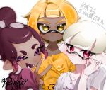  3girls blonde_hair commentary_request dark-skinned_female dark_skin eyelashes highres inkling inkling_girl inkling_player_character looking_at_viewer medium_hair multiple_girls octoling octoling_girl octoling_player_character open_mouth party_hidaka pointy_ears ponytail print_shirt purple_eyes purple_hair purple_shirt red_eyes shirt short_hair simple_background smile splatoon_(series) splatoon_3 star_(symbol) star_in_eye symbol_in_eye teeth tentacle_hair thick_eyebrows translation_request upper_body v white_background white_hair white_shirt yellow_eyes yellow_shirt 