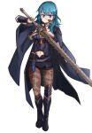  1girl absurdres belt blue_eyes blue_hair bodice byleth_(female)_(fire_emblem) byleth_(fire_emblem) cape clothing_cutout dagger fire fire_emblem fire_emblem:_three_houses highres inarin_(user_tgfg4783) knife long_hair midriff navel navel_cutout pantyhose pantyhose_under_shorts patterned_legwear print_pantyhose shorts simple_background solo sword_of_the_creator vambraces weapon white_background 