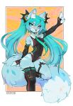abstract_background anthro armwear asymmetrical_clothing blue_eyes blue_hair blush bodysuit canid canine clothing elbow_gloves female fingerless_gloves fluffy fluffy_tail fox glistening glistening_clothing gloves hair handwear hatsune_miku hi_res inner_ear_fluff legwear long_hair mammal necktie pigtails raised_arm skinsuit solo tail thigh_highs tight_clothing tuft vocaloid waspsalad