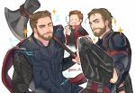  3boys akira_yoru animification armor avengers:_infinity_war avengers_(series) beard belt black_armor black_shirt blue_bodysuit blue_eyes bodysuit brown_belt brown_hair cape captain_america closed_mouth eating english_commentary facial_hair fingernails food hand_up holding holding_food holding_shield holding_weapon jacket lightning long_sleeves looking_at_another looking_at_viewer male_focus marvel marvel_cinematic_universe multiple_boys one_eye_closed open_clothes open_jacket peter_quill red_cape red_jacket sandwich scar scar_across_eye shield shirt short_hair simple_background smile sparkle standing steve_rogers stormbreaker striped_bodysuit superhero_costume t-shirt thor_(marvel) twitter_username weapon white_background 