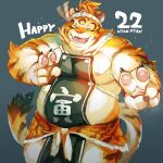  2022 anthro belly chinese_zodiac felid fur holidays humanoid_hands kemono male mammal moobs nekomarudon new_year new_year_2022 nipples one_eye_closed overweight overweight_male pantherine simple_background solo tanukimaru text tiger wink year_of_the_tiger yellow_body yellow_eyes yellow_fur 