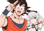  1boy 1girl :d ;) ahoge bad_id bad_pixiv_id black_eyes black_hair bodysuit braid cleavage_cutout closed_mouth clothing_cutout crossover dragon_ball honkai_(series) honkai_impact_3rd kiana_kaslana kiana_kaslana_(white_comet) long_hair looking_at_viewer medium_hair muscular muscular_male one_eye_closed open_mouth pointing pointing_at_viewer salute simple_background smile spiked_hair split_mouth tareme task_baron teeth twin_braids two-finger_salute upper_body upper_teeth_only very_long_hair white_background white_bodysuit 