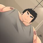  1boy bara beard_stubble black_hair facial_hair foreshortening grey_tank_top highres large_pectorals looking_at_viewer looking_down lucas_lee male_focus meme muscular muscular_male nipple_slip nipples pectoral_cleavage pectoral_focus pectorals photo-referenced scott_pilgrim_(series) scott_pilgrim_takes_off short_hair sidepec smile solo sparse_chest_hair stubble sweat tank_top tawan.lupin thick_eyebrows upper_body yur_oc_like_this_(meme) 