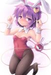  1girl animal_ears bare_shoulders blush breasts covered_navel detached_collar fake_animal_ears fake_tail flower groin hair_between_eyes heart highres komeiji_satori kurogarasu leotard looking_at_viewer medium_hair pantyhose playboy_bunny purple_eyes purple_hair rabbit_ears rabbit_tail red_leotard rose sidelocks simple_background small_breasts tail third_eye touhou white_background wrist_cuffs 