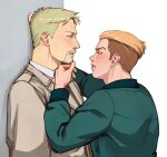  2boys bara blonde_hair blush brown_hair brown_jacket closed_mouth collared_shirt facial_hair green_jacket highres jacket looking_at_another male_focus multiple_boys panicawa parted_lips porco_galliard reiner_braun shingeki_no_kyojin shirt short_hair simple_background upper_body white_shirt yaoi 