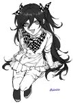  1girl danganronpa_(series) danganronpa_v3:_killing_harmony eyelashes fang frilled_skirt frills from_above genderswap genderswap_(mtf) greyscale hair_between_eyes highres long_hair looking_at_viewer monochrome oma_kokichi open_mouth qiretsu sitting sketch skirt solo thigh_strap twitter_username two_side_up white_background 