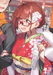  1boy 1girl 92m ahoge alternate_hairstyle commentary_request eyebrows_visible_through_hair floral_print glasses hair_ornament highres holding japanese_clothes kimono open_mouth original pink_eyes print_kimono red-framed_eyewear red_hair red_kimono short_hair smile translation_request 