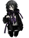  1girl black_jacket black_thighhighs blood character_request cowboy_shot cropped_legs expressionless gauze_over_eye grey_hair hair_between_eyes hen10 high_collar jacket looking_at_viewer open_clothes open_jacket purple_eyes short_hair simple_background solo thighhighs utau white_background 