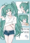  1girl aqua_eyes aqua_hair arm_up blue_background blue_shorts blush bread bread_slice dolphin_shorts eating food hand_on_own_head hatsune_miku highres holding holding_food long_hair looking_at_viewer miku_day multiple_views navel open_mouth saliva shirt shorts simple_background squeans t-shirt toast twintails vocaloid white_shirt yukia_1128 