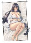  1girl ass barefoot black_hair blush breasts cleavage collarbone full_body fusou_(kancolle) hair_between_eyes highres kantai_collection kokuzou large_breasts long_hair looking_at_viewer open_mouth panties red_eyes solo toes underwear white_panties 