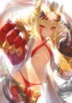  1girl ahoge backlighting bikini blonde_hair braid breasts chalice criss-cross_halter crown cup dragon_claw dragon_tail elbow_gloves facial_mark fate/grand_order fate_(series) french_braid gloves grin hair_bun hair_intakes hair_ribbon halterneck highres jitome light_rays long_hair looking_at_viewer navel nero_claudius_(fate) open_clothes pointy_ears queen_draco_(fate) queen_draco_(second_ascension)_(fate) red_bikini red_eyes red_ribbon ribbon robe single_glove small_breasts smile solo swimsuit tail umi_endu white_gloves white_robe 