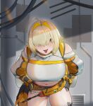  1girl absurdres ahoge bare_shoulders blonde_hair breasts brown_eyes commentary_request elegg_(nikke) exposed_pocket fang gloves goddess_of_victory:_nikke grey_background grey_shorts hair_intakes hair_over_eyes highres large_breasts leaning_forward long_bangs long_sleeves looking_at_viewer lplok_(ljh80692428) medium_hair multicolored_hair navel open_mouth shorts sidelighting solo suspender_shorts suspenders thick_thighs thighs tongue tongue_out two-tone_hair yellow_gloves 