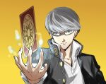  1boy card cardcaptor_sakura closed_mouth clow_card glasses grey_eyes grey_hair highres igusaharu jacket looking_at_viewer male_focus narukami_yuu persona persona_4 school_uniform short_hair simple_background solo 