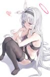  1girl black_bra black_hairband black_panties black_thighhighs blue_archive blush bra braid breasts cleavage closed_mouth collarbone colored_inner_hair garter_straps grey_eyes grey_hair hairband halo heart highres huwari_(dnwls3010) long_hair long_sleeves looking_at_viewer multicolored_hair navel panties pink_hair plana_(blue_archive) red_halo simple_background single_braid small_breasts solo thighhighs thighs underwear white_background 