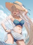  1girl :d ^_^ absurdres alternate_costume asuna_(blue_archive) bikini blue_archive blue_bikini blue_sky blush blver breasts closed_eyes cloud day highres large_breasts navel ocean open_mouth sky smile solo swimsuit 