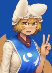  1girl absurdres bangs blonde_hair blue_background blue_tabard breasts chanta_(ayatakaoisii) eyebrows_visible_through_hair hand_up hat highres large_breasts looking_at_viewer multiple_tails pillow_hat shadow short_hair simple_background slit_pupils solo tail touhou v white_headwear yakumo_ran yellow_eyes 