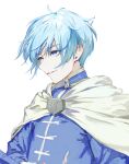  1boy bishounen blue_eyes blue_hair blue_tunic cloak highres himmel_(sousou_no_frieren) male_focus mmi_ryu parted_lips sketch smile solo sousou_no_frieren unfinished upper_body white_cloak 