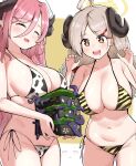  2girls ahoge animal_print bikini black_nails blonde_hair blue_archive breasts cleavage closed_mouth cow_print curled_horns drooling eyebrows_visible_through_hair hair_between_eyes halo hands_up holding horns izumi_(blue_archive) juri_(blue_archive) large_breasts long_hair looking_at_object mole mole_under_eye multiple_girls navel open_mouth pink_hair pointy_ears side-tie_bikini sideboob sparkling_eyes striped striped_bikini swimsuit tiger_print ushimittsu very_long_hair yellow_eyes 