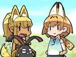  2girls animal animal_ears animal_print bandeau bare_shoulders blonde_hair blue_sky blush bow bowtie bracelet breasts brown_bandeau cat_ears cleavage closed_mouth creature crossover dark-skinned_female dark_skin elbow_gloves fang field fingerless_gloves gloves grass holding holding_animal holding_creature jewelry kemono_friends liru long_hair looking_at_another lucky_beast_(kemono_friends) moyasiwhite multiple_girls open_mouth orange_hair outdoors ponytail rabbit renkin_san-kyuu_magical_pokaan serval_(kemono_friends) short_hair sidelocks sky smile spiked_bracelet spikes tail tail_raised tail_wagging trait_connection v-shaped_eyebrows wolf_ears wolf_tail |_| 