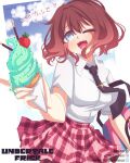  1girl aged_up bad_source black_necktie blue_eyes blue_sky breasts brown_hair character_name copyright_name dress fang fang_out food frisk_(undertale) genderswap genderswap_(otf) heart holding holding_ice_cream_cone ice_cream ice_cream_cone ice_cream_crepe instagram_logo instagram_username ko-fi_logo ko-fi_username medium_breasts miniskirt necktie nuvex one_eye_closed open_mouth pleated_skirt red_skirt school_uniform skirt sky solo spoken_heart tumblr_logo tumblr_username undertale white_background white_dress 