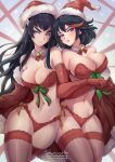  2girls bare_shoulders black_hair blue_eyes blush bra breasts cleavage elbow_gloves english_commentary gloves hat highres holding_hands jammeryx kill_la_kill kiryuuin_satsuki lingerie long_hair looking_at_viewer matoi_ryuuko multicolored_hair multiple_girls panties red_bra red_gloves red_legwear red_panties santa_hat siblings sisters thighhighs two-tone_hair underwear 