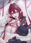  1girl absurdres baobhan_sith_(fate) baobhan_sith_(swimsuit_pretender)_(fate) baobhan_sith_(swimsuit_pretender)_(first_ascension)_(fate) breasts cernunnos_(fate) character_hood chllin0 cleavage detached_collar earrings fang fate/grand_order fate_(series) fur-trimmed_jacket fur_trim grey_eyes highres jacket jewelry long_hair looking_at_viewer low_twintails nail_polish navel open_mouth pink_hair pink_nails pointy_ears sidelocks smile solo stuffed_animal stuffed_rabbit stuffed_toy twintails white_headwear white_jacket 