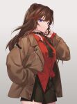  1girl absurdres animal_ears arknights bear_ears bear_girl black_necktie blue_eyes brown_hair choker fur_trim hand_in_pocket highres hongbaise_raw jacket light_smile long_hair long_sleeves looking_at_viewer multicolored_hair necktie open_clothes open_jacket red_hair red_shirt shirt simple_background solo star_(symbol) streaked_hair white_background zima_(arknights) 