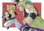  2boys armor black_armor black_vest blonde_hair broly_(dragon_ball_super) clenched_hand clenched_teeth cropped_vest dragon_ball dragon_ball_super dragon_ball_super_broly fighting forest_1988 gogeta green_armor medium_hair multiple_boys muscular muscular_male nipples no_pupils pants parrying purple_pants red_background smirk speed_lines spiked_hair super_saiyan super_saiyan_1 teeth toriyama_akira_(style) vest white_pants 