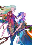  2girls bracelet collar daeraeband earrings fate/grand_order fate_(series) flower holding holding_polearm holding_weapon indian_clothes jewelry kama_(fate) long_hair looking_at_viewer lotus low_ponytail matou_sakura metal_collar multiple_girls parvati_(fate) polearm purple_eyes purple_hair red_eyes revealing_clothes side_slit thighhighs thighlet weapon white_hair 