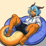 animal_humanoid anthro bangs barefoot bean_bag blue_eyes blue_hair bottomwear breasts clothed clothing curved_tail dragon dragon_humanoid feet female freckles freckles_on_face furniture gynomorph hair hoodie horn humanoid intersex looking_at_viewer mutemanticore mythological_creature mythological_scalie mythology orange_body orange_scales pubic_mound scales scalie short_hair shorts sitting solo spandex spandex_shorts spread_legs spreading tail thick_tail tight_bottomwear tight_clothing tight_shorts topwear
