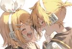  1boy 1girl black_sailor_collar blonde_hair blush bow close-up closed_eyes facing_another forehead-to-forehead hair_between_eyes hair_bow happy headphones heads_together highres holding_hands kagamine_len kagamine_rin looking_at_another memeppo multiple_hairpins open_mouth sailor_collar signature teeth upper_teeth_only vocaloid white_background yellow_nails 