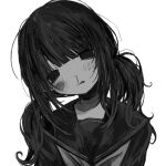  1girl bags_under_eyes blood blunt_bangs blush bruise bruise_on_face closed_mouth empty_eyes greyscale head_tilt injury long_hair looking_at_viewer low_twintails monochrome neckerchief noroi_(rnatataki) nosebleed original portrait sailor_collar school_uniform serafuku simple_background solo tongue tongue_out twintails white_background 