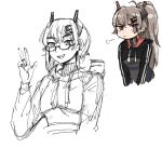  1girl =3 anyan_(jooho) black_hoodie commentary earrings english_commentary glasses grey_hair hair_ornament hairclip highres hood hoodie indie_virtual_youtuber jewelry long_hair looking_at_viewer multiple_views ponytail red_eyes saruei_(vtuber) scar scar_across_eye simple_background sketch smile upper_body virtual_youtuber white_background 